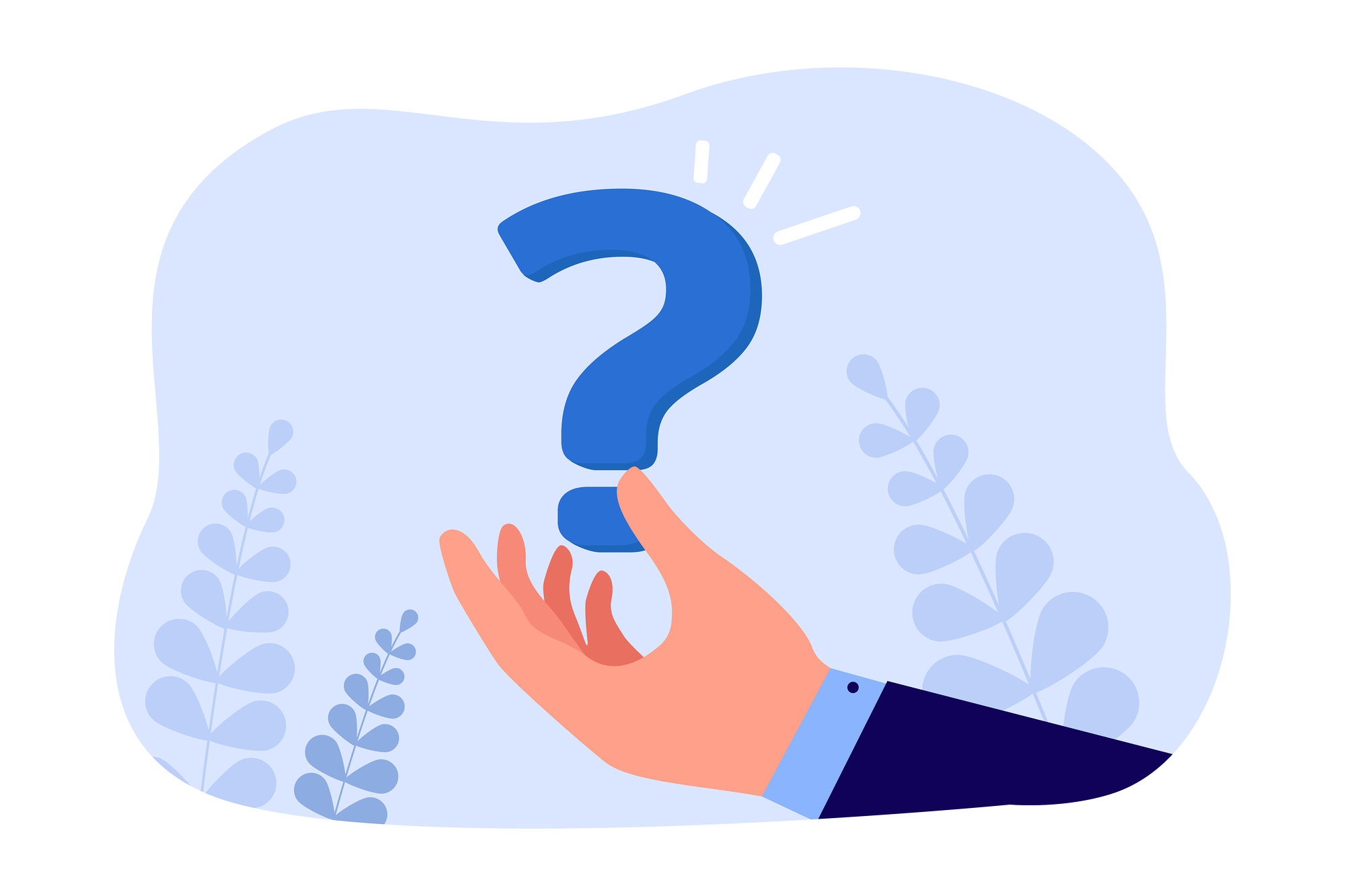 Businessmans hand holding question mark. Person asking for answer, help and support flat vector illustration. FAQ, interrogation, difficulty concept for banner, website design or landing web page