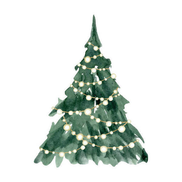 Christmas tree with shining garland lights watercolor sketch illustration isolated on white background in simple style for Happy New Year greeting cards and designs.