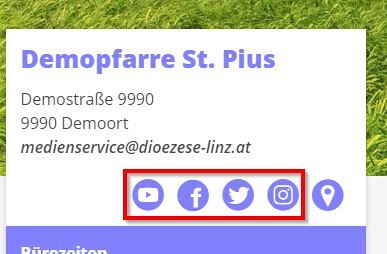Kontaktbox mit Socialmediasymbolen