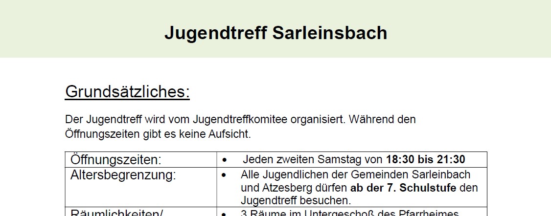 Jugendtreff Sarleinsbach - Information allgemein