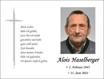 Trauerbild Alois Haselberger