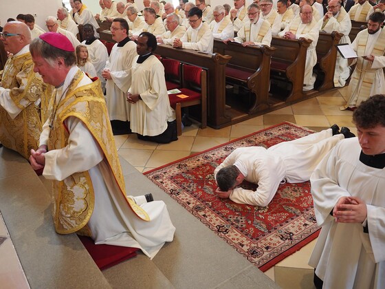 Bei der Litanei liegt der Weihekandidat ausgestreckt auf dem Boden. Dies ist ein Zeichen der Hingabe, Bereitschaft und Demut vor Gott. / © Stift Schlägl / Stephan Prügl Bei der Litanei liegt der Weihekandidat ausgestreckt auf dem Boden. Dies ist ein Zeichen der Hingabe, Bereitschaft und Demut vor Gott.