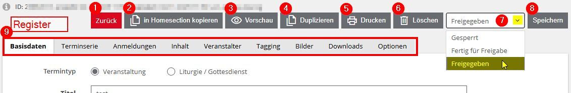 Kalender Bearbeitungsfenster Buttons und Register / © FB Kommunikation Kalender Bearbeitungsfenster Buttons und Register