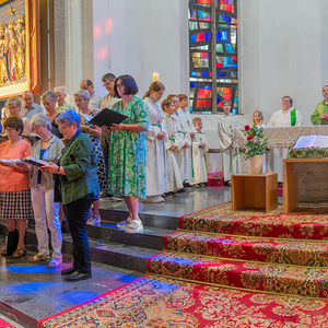 musikalisch umrahmt vom Kirchenchor mit Volksgesang. Anschließend Dank an Ingrid Fehringer, die nach über 20 Jahren ihrer Tätigkeit als Pfarrhaushälterin beendet hat und in den Ruhestand wechselt.Bild: Gregor Schrettle begleitet den Ki