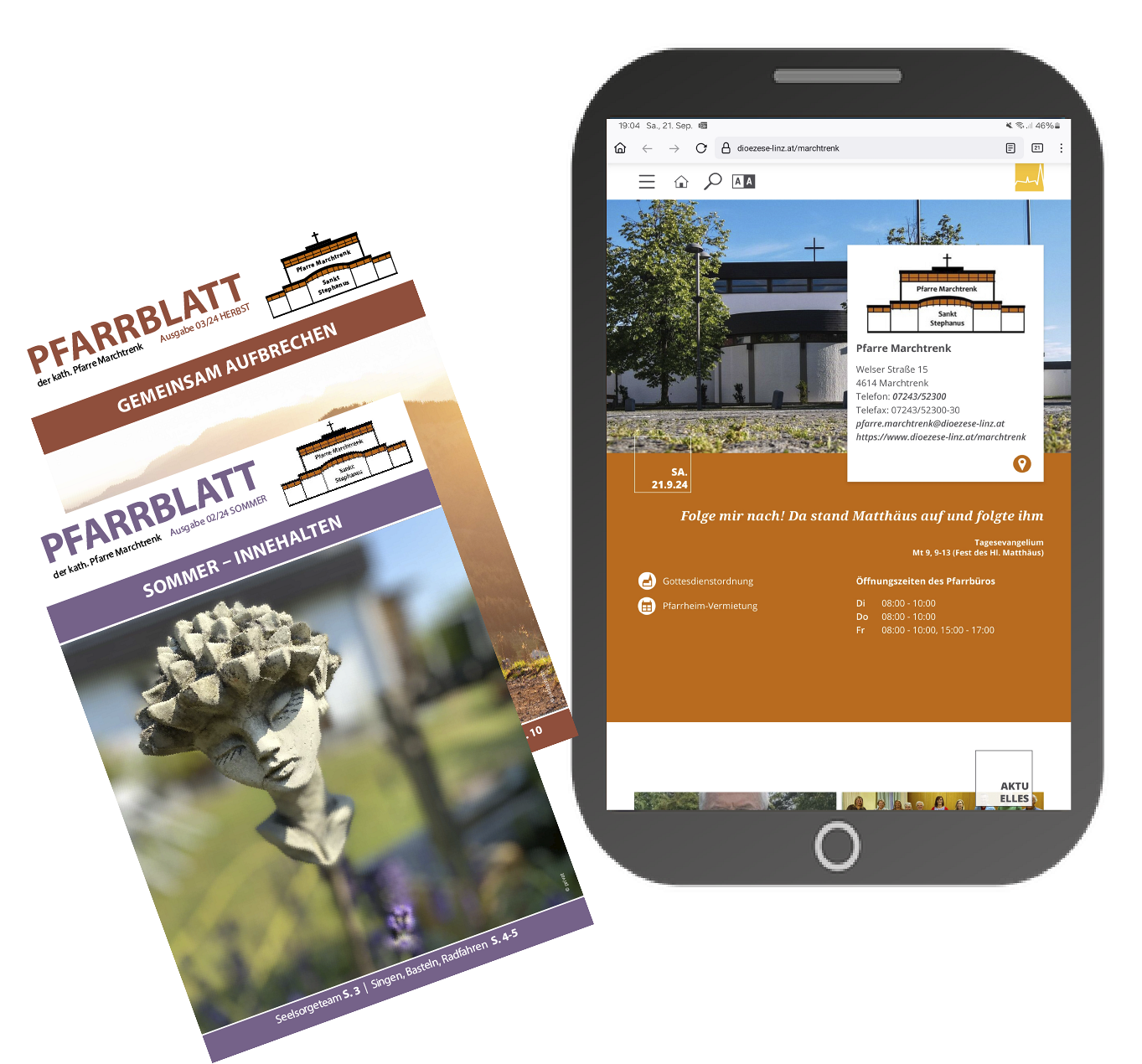 Pfarrblätter und Tablet mit Webseite