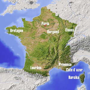 France. Shaded relief map with major urban areas. Surrounding territory greyed out. Colored according to vegetation. Includes clip path for the state area.Projection: Standard MercatorExtents: -5.9/10.6/40.5/51.8Data source: NASA