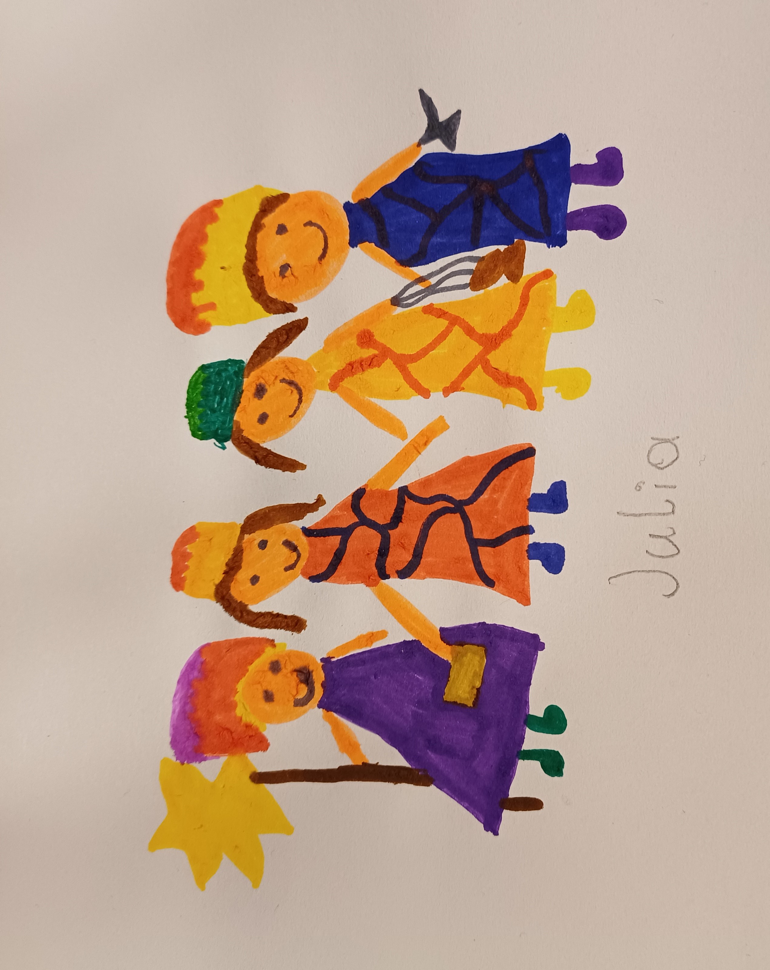 Die Sternsinger aus dem Blickwinkel einer kleinen Künstlerin (Julia, 1. Kl.) / Inge Fink Sternsingen 2024