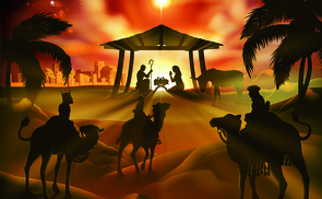 Christmas nativity scene, baby Jesus, Mary and Joseph in manger. Bethlehem in background. 3 Wise Men riding camels in silhouette to pay homage. The star above stable. Christian religious illustration.
