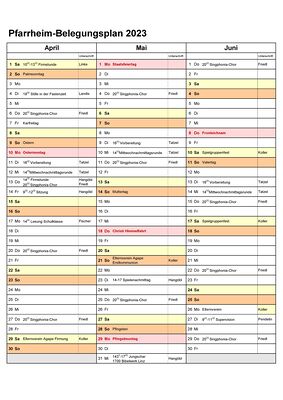 Belegungsplan 2025 für das Pfarrheim Ostermiething