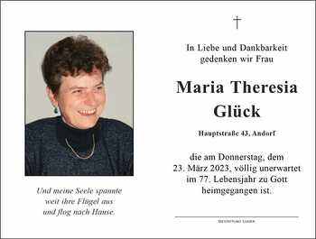 Trauerbild Maria Theresia Glück