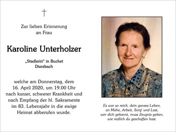 Trauerbild Karoline Unterholzer