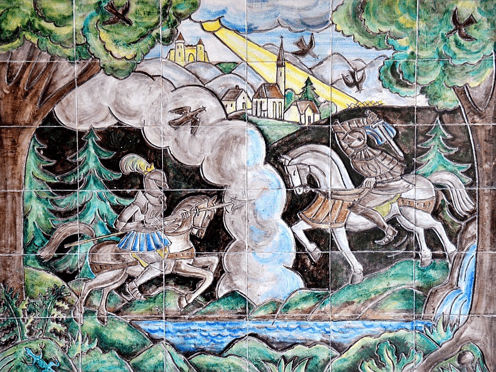 Entstehungssage / © Pfarrgemeinde Maria Neustift Fliesenmalerei der Gründungslegende in der Volksschule Maria Neustift