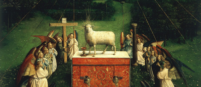 Agnus Dei /Jan v.Eyck, Genter Altar 1432  Eyck, Jan van um 1390-1441 (in Zusammenarbeit mit Hubert van Eyck). 'Anbetung des Lammes', 1432 vollendet (Ausschnitt). Genter Altar, Innenseite, Mitte. Auf Holz; Gesamtmasse in geoeffnetem Zustand ca. 350 x 