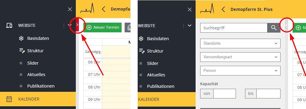 Admin Navigation Filterbereich