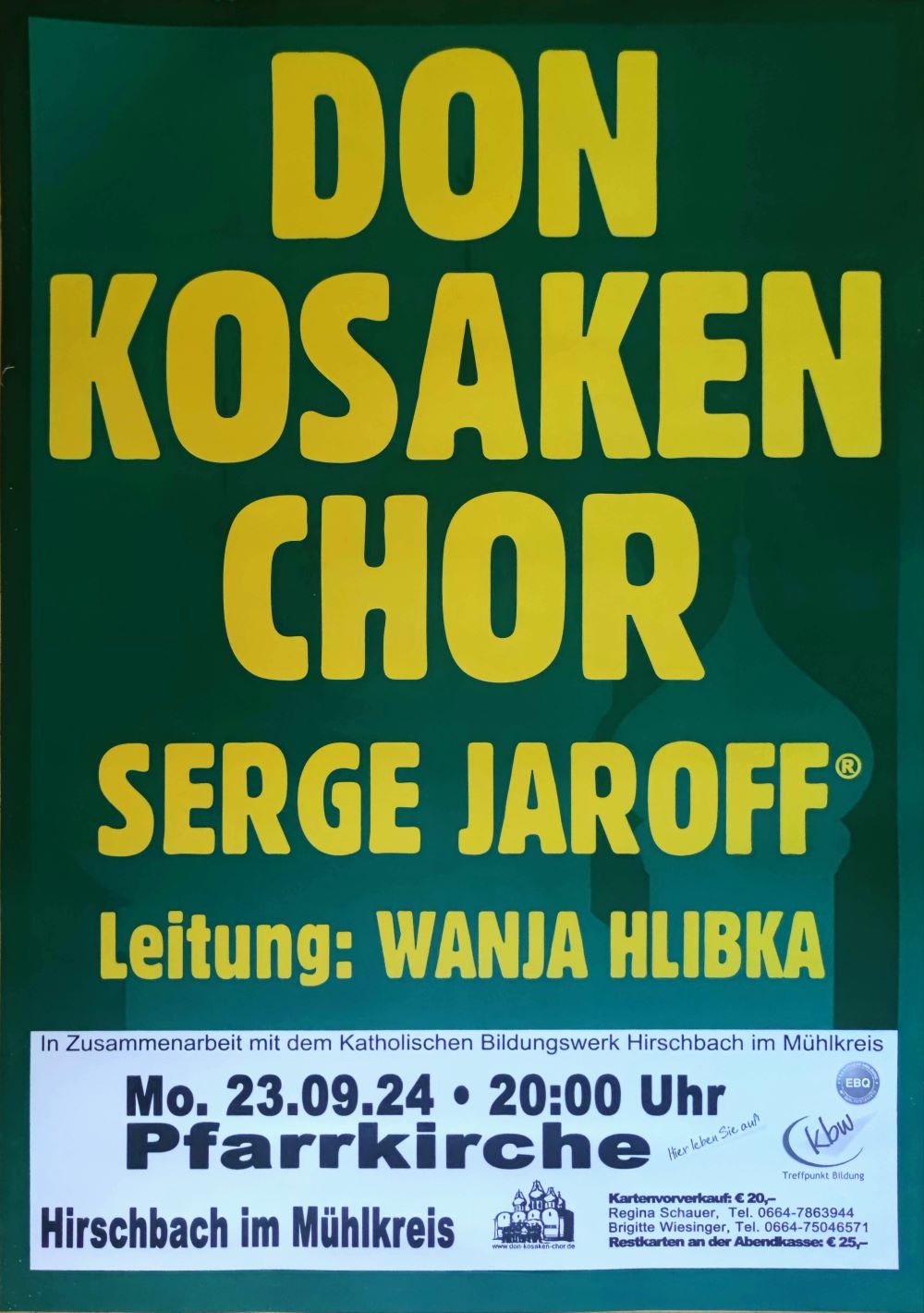 Plakat des Konzerts des Don Kosaken Chors in Hirschbach am Mo. 23.9.24 um 20 Uhr