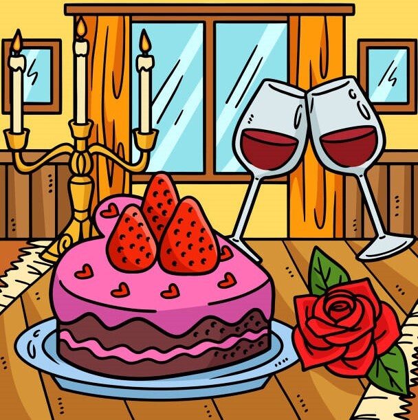 This cartoon clipart shows a Cake, Candles, and Wine illustration.