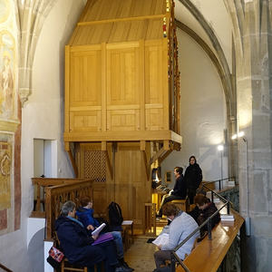 Teilnehmerinnen und Teilnehmer rund um die Orgel versammelt...