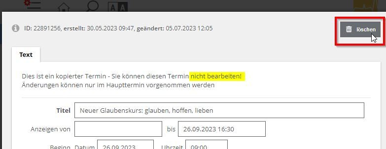 kopierten Termin löschen