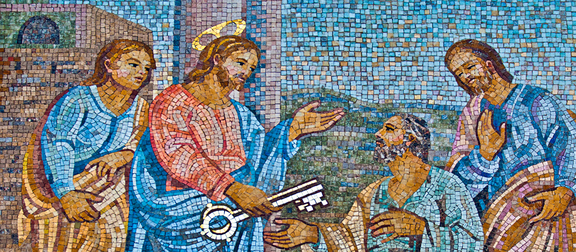 VATICAN CITY - SEPTEMBER 21: Christ giving the keys to Saint Peter mosaic in the St. Peter's Basilica on September 21, 2013 in Vatican City, Italy. One of the world's most visited sacred sites with 7 Million annual visitors.