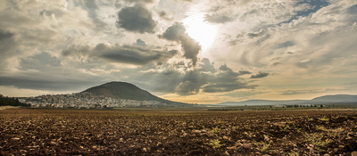 Panorama of Tabor Mountain and Jezreel Valley in Galilee, Israel